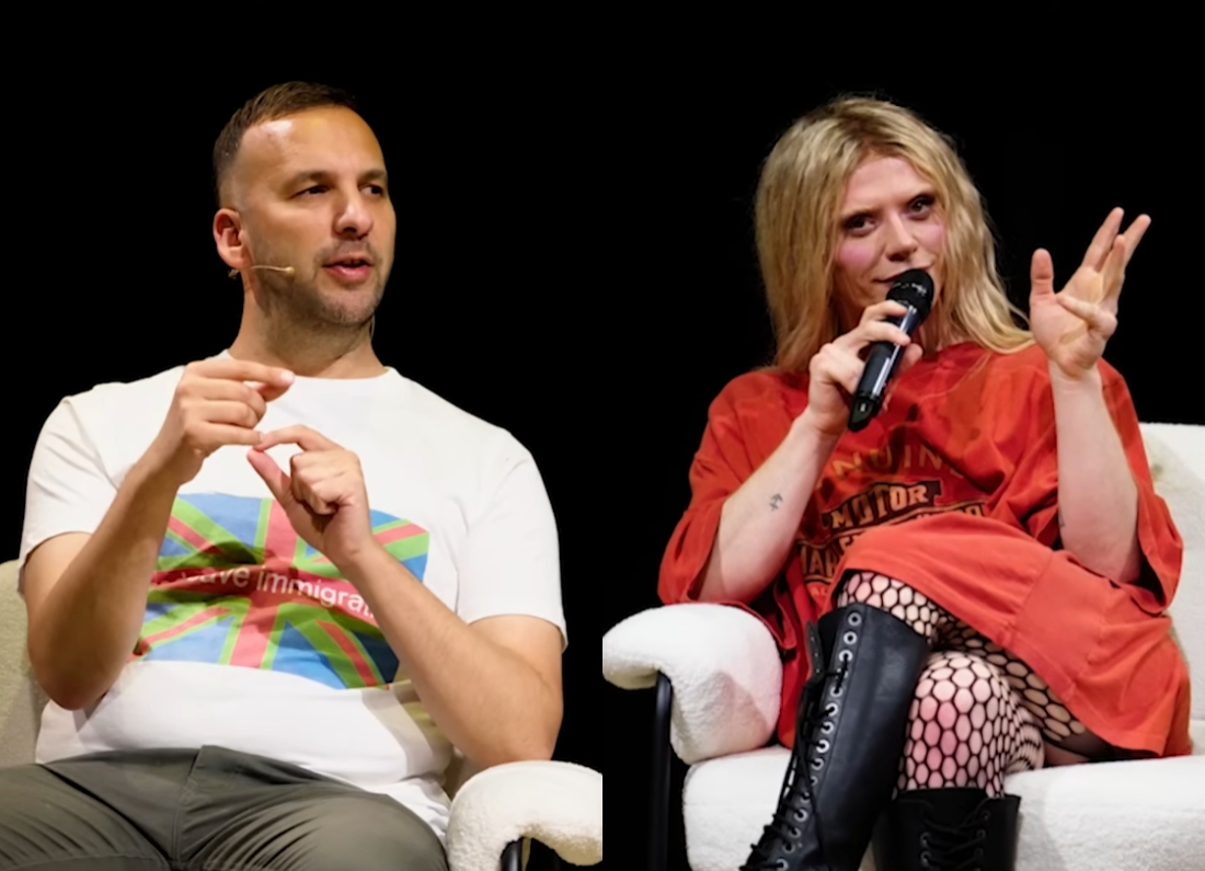 Zack Polanski and Bimini Bon Boulash speaking on stage at the Crossed Wires Festival in Sheffield.