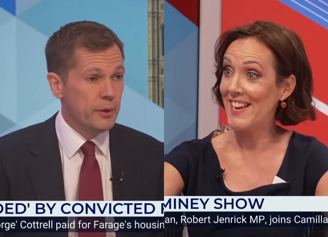 Robert Jenrick being questioned by GB News presenter Camilla Tominey during an interview about Nigel Farage and George Cottrell.