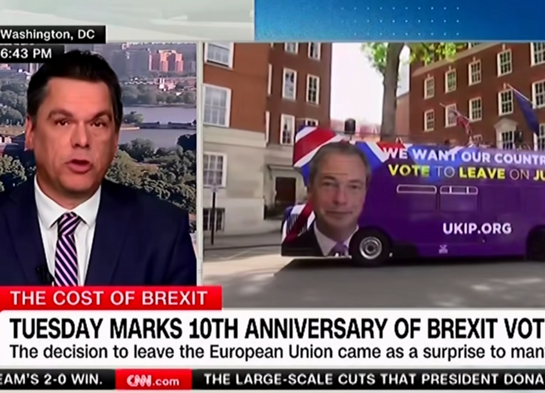 A CNN broadcast segment titled “The Cost of Brexit”, showing a presenter alongside footage of a pro-Leave campaign bus.