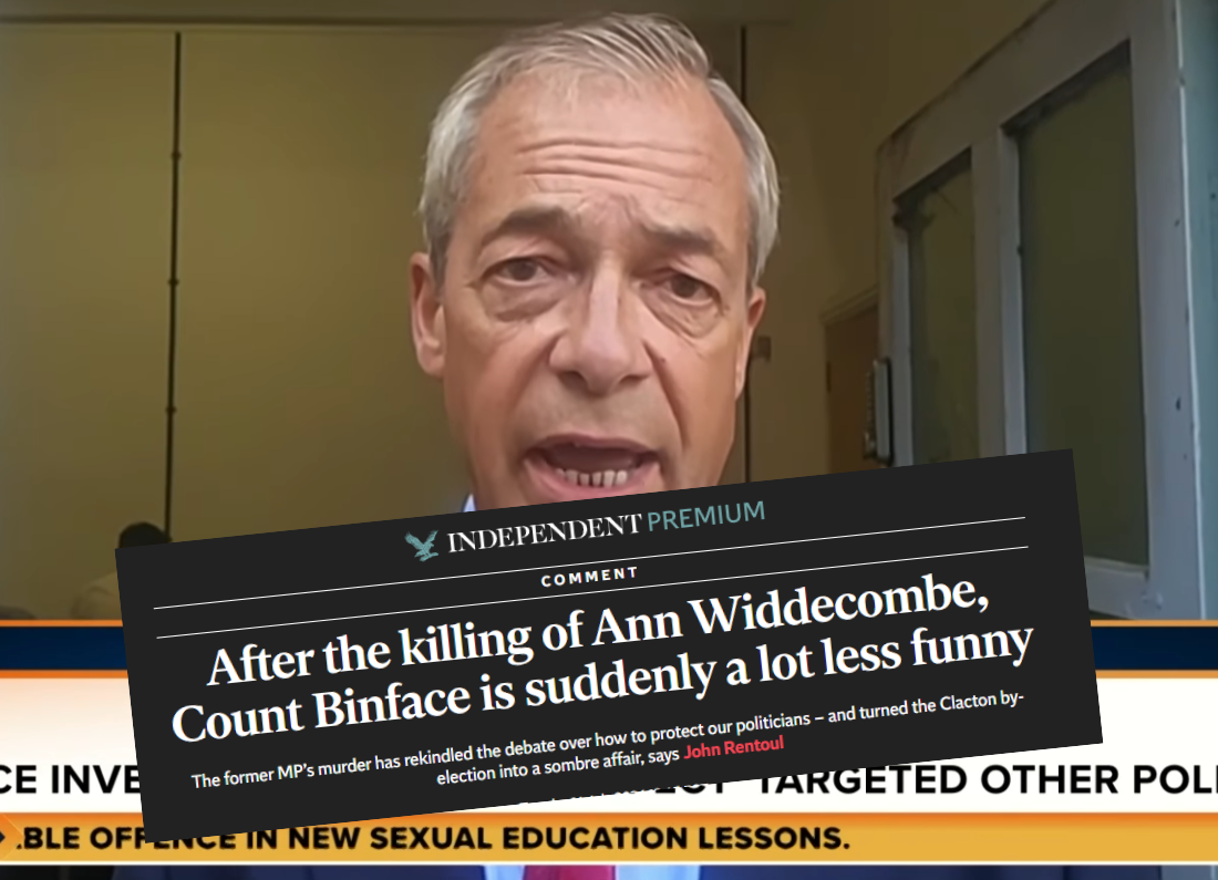 Nigel Farage speaking on television alongside a screenshot of an Independent opinion article claiming Count Binface is "a lot less funny" after the death of Ann Widdecombe. The graphic accompanies an opinion piece arguing that political satire remains important.