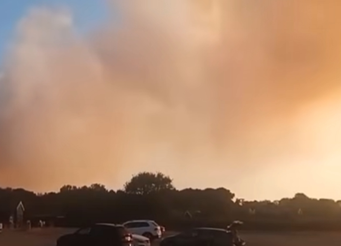 Thick orange smoke fills the sky above cars and trees during the Dunwich Heath wildfire in Suffolk.