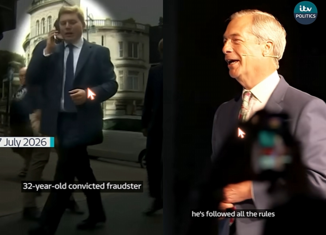 George Cottrell, left, and Reform UK leader Nigel Farage, right, shown in a split-screen ITV Politics report about Reform’s finances.