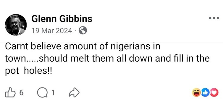 Screenshot of a Facebook post attributed to Reform councillor Glenn Gibbins, dated 19 March 2024, containing an offensive comment about Nigerians and potholes.
