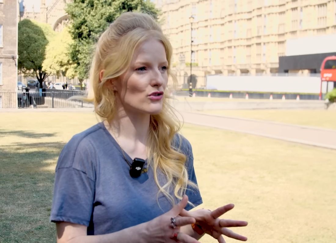 Green MP Hannah Spencer speaking to JOE Media on College Green about Nigel Farage and the Clacton by-election.