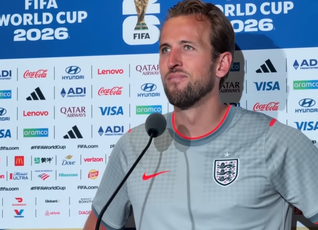 Harry Kane speaking at a FIFA World Cup 2026 press conference after England’s win over DR Congo.