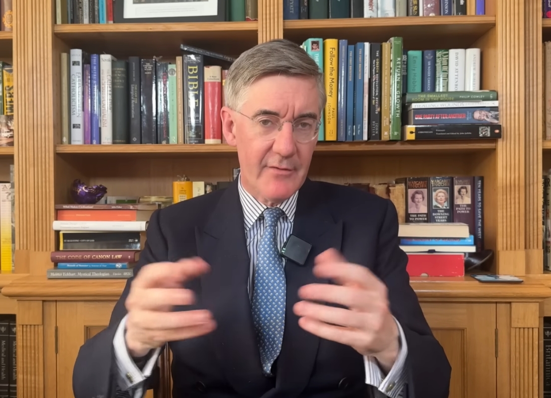 Jacob Rees-Mogg speaking on camera from a room lined with bookshelves, after predicting the EU will be gone within a generation.