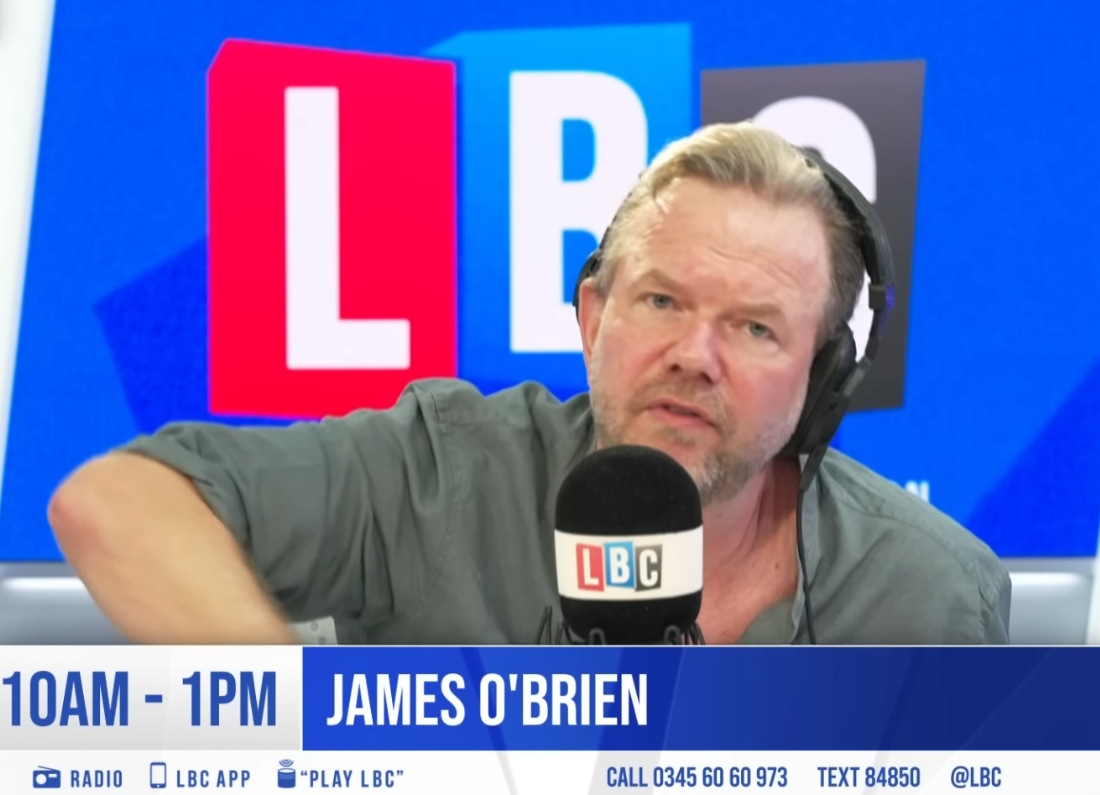 James O’Brien presenting his LBC show in the studio during a segment about Nigel Farage’s £5m gift row.