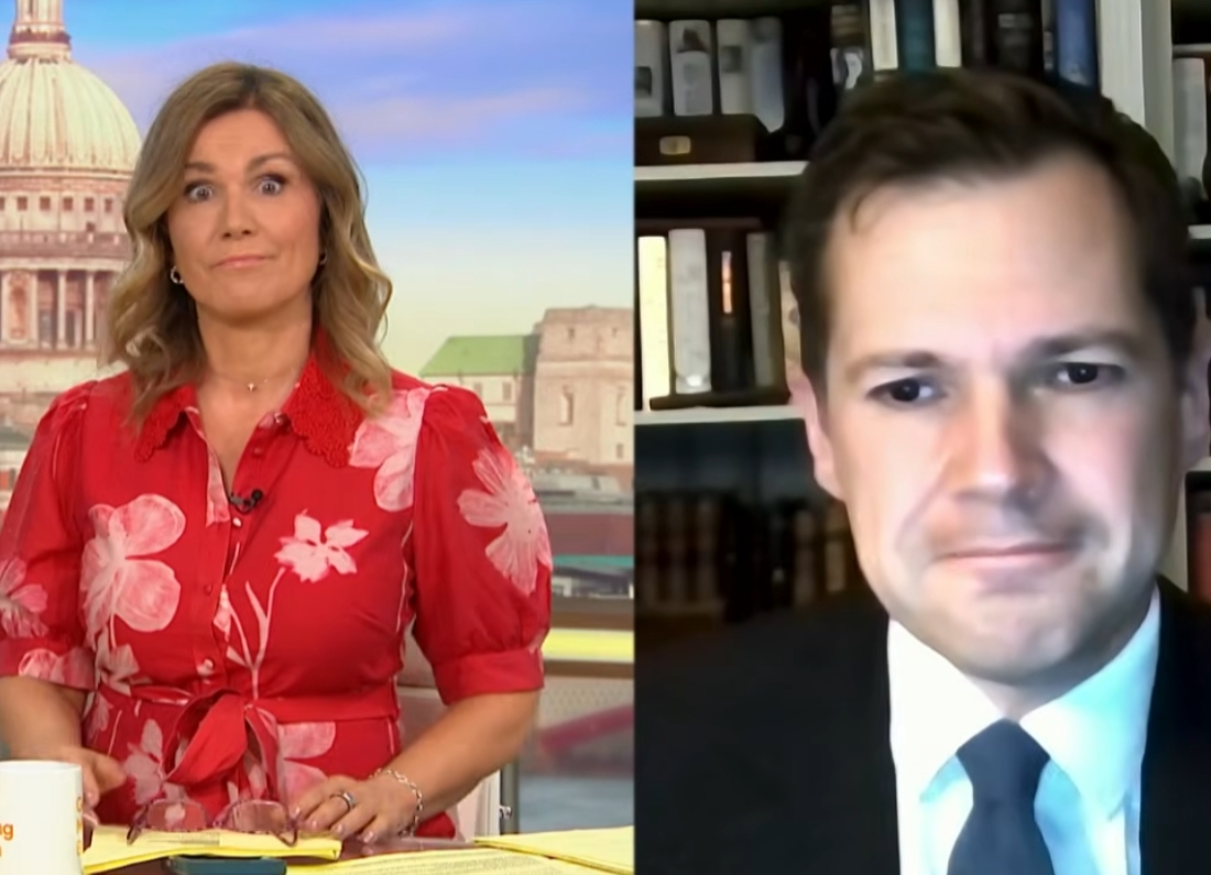 Robert Jenrick appearing remotely on Good Morning Britain alongside presenters Ed Balls and Kate Garraway.