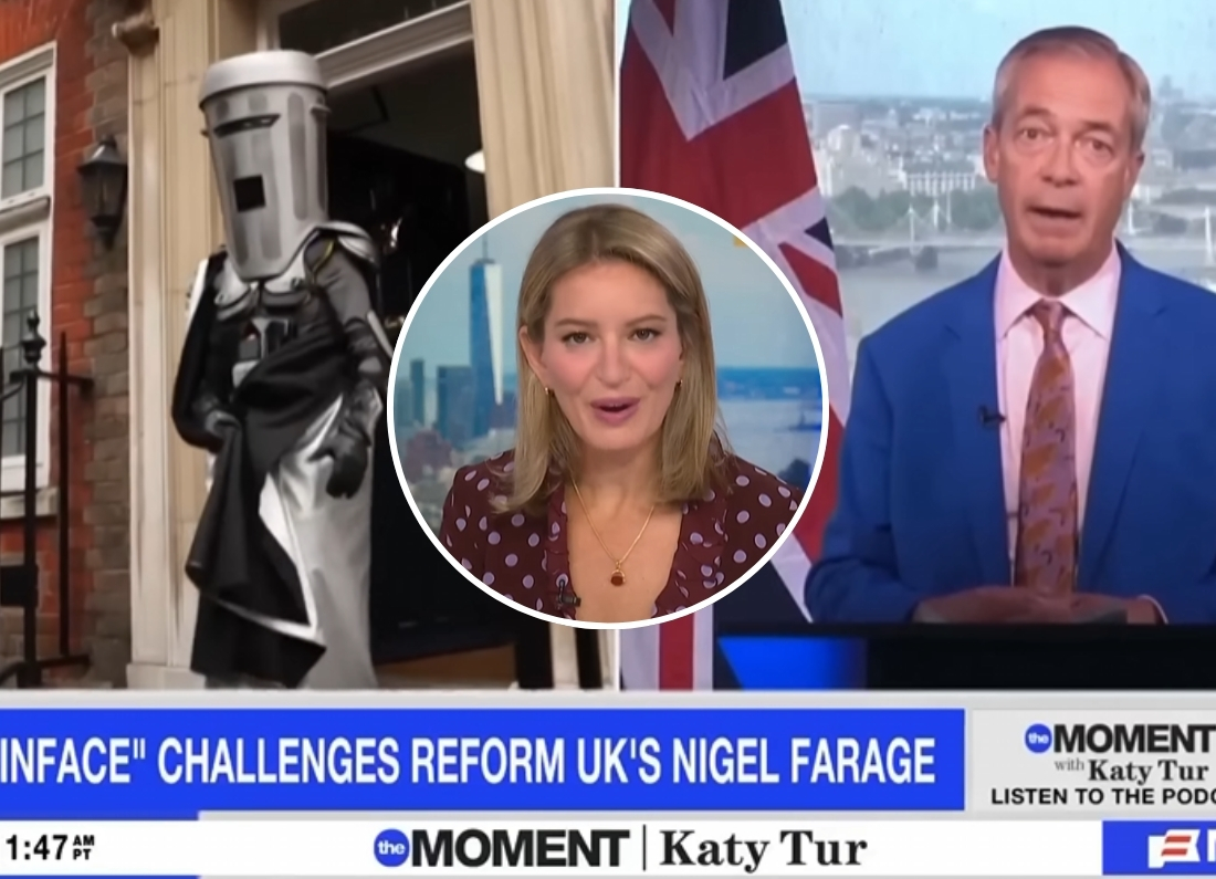 A split-screen MSNBC segment showing Count Binface, Katy Tur and Nigel Farage during coverage of the Clacton by-election.