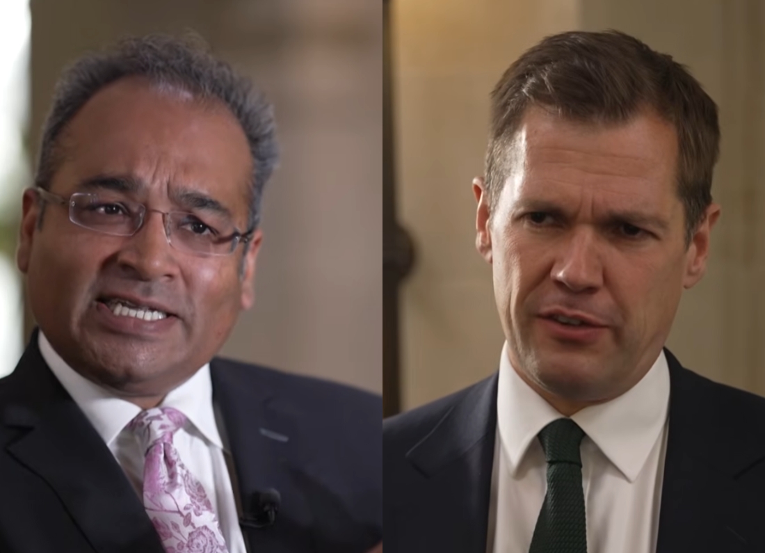 Channel 4 News presenter Krishnan Guru-Murthy questions Reform UK politician Robert Jenrick during a television interview.