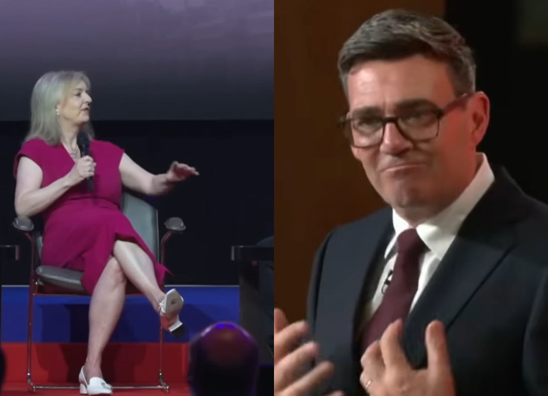 Liz Truss speaking at a political conference, left, alongside incoming prime minister Andy Burnham, right.