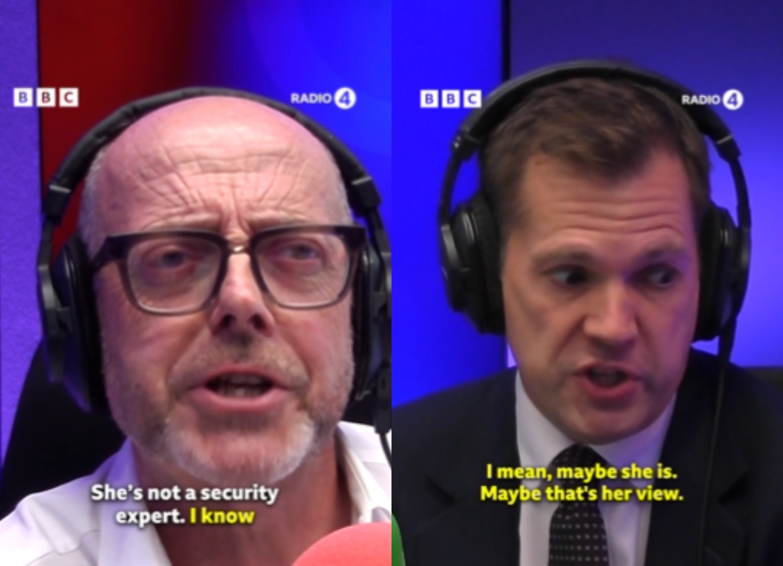 Robert Jenrick speaking during a broadcast interview as Nick Robinson challenges him over Nigel Farage’s security claims.