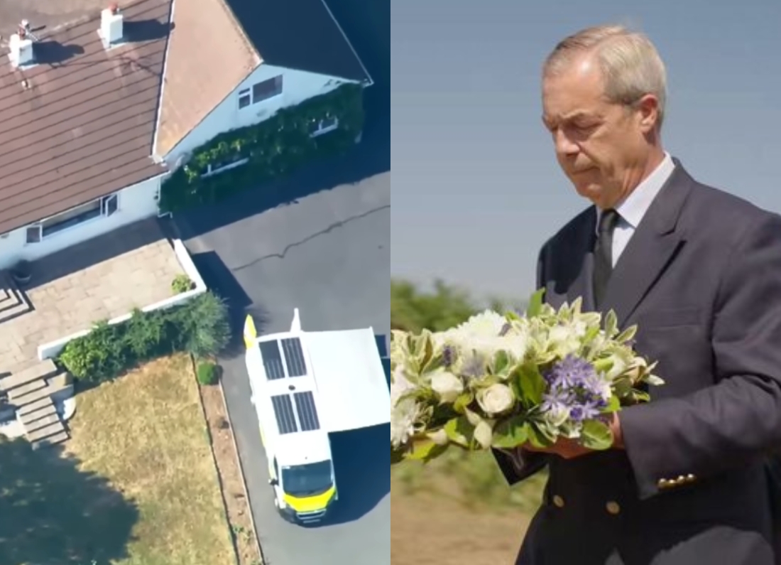 A split image showing an aerial view of a property with a police vehicle outside and Nigel Farage holding flowers during a visit linked to Ann Widdecombe’s death.