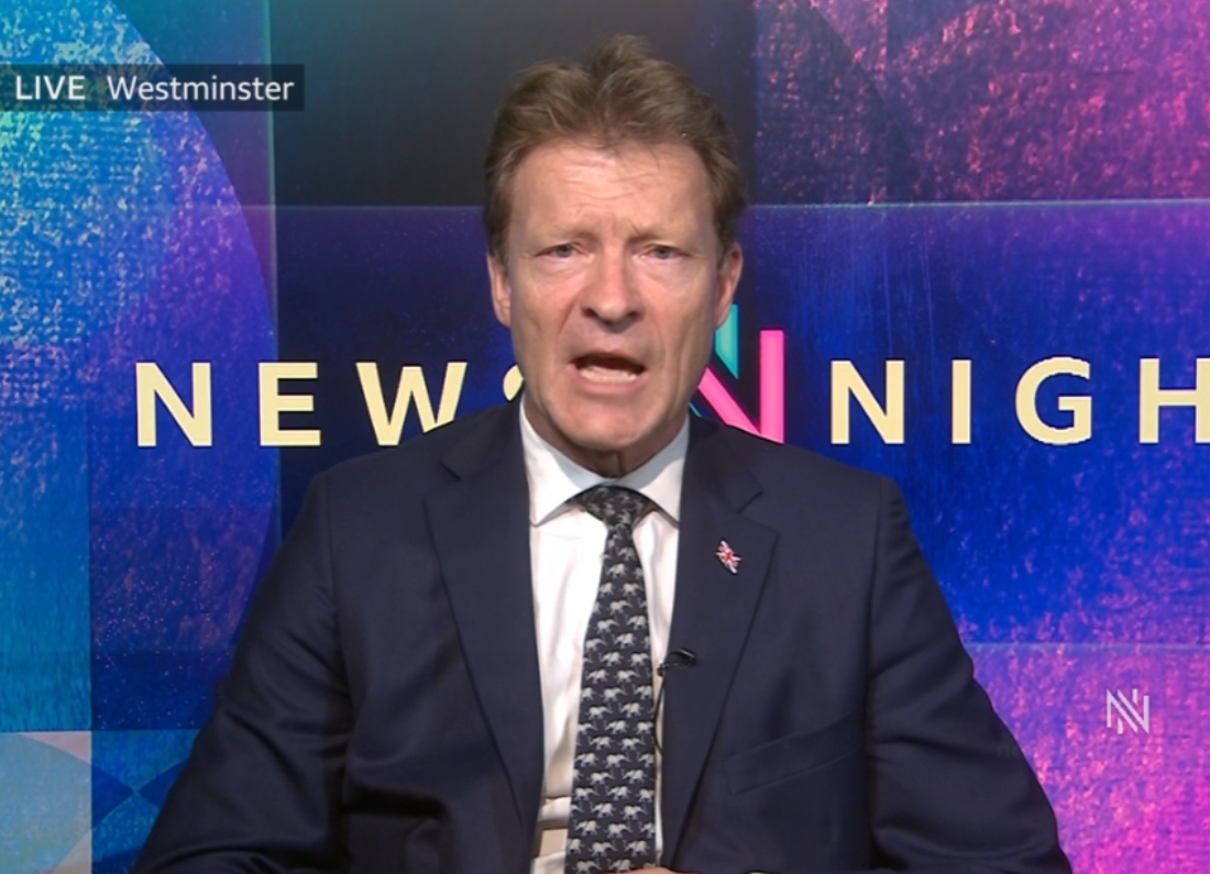 Richard Tice speaking in a television interview as Reform UK faces questions over Zia Yusuf’s attack on Commons Speaker Lindsay Hoyle.