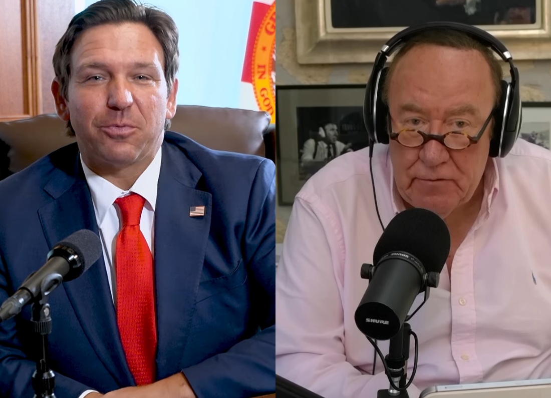Ron DeSantis and Andrew Neil shown side by side in a composite image after clashing online over a World War Two joke about a historic British pub.