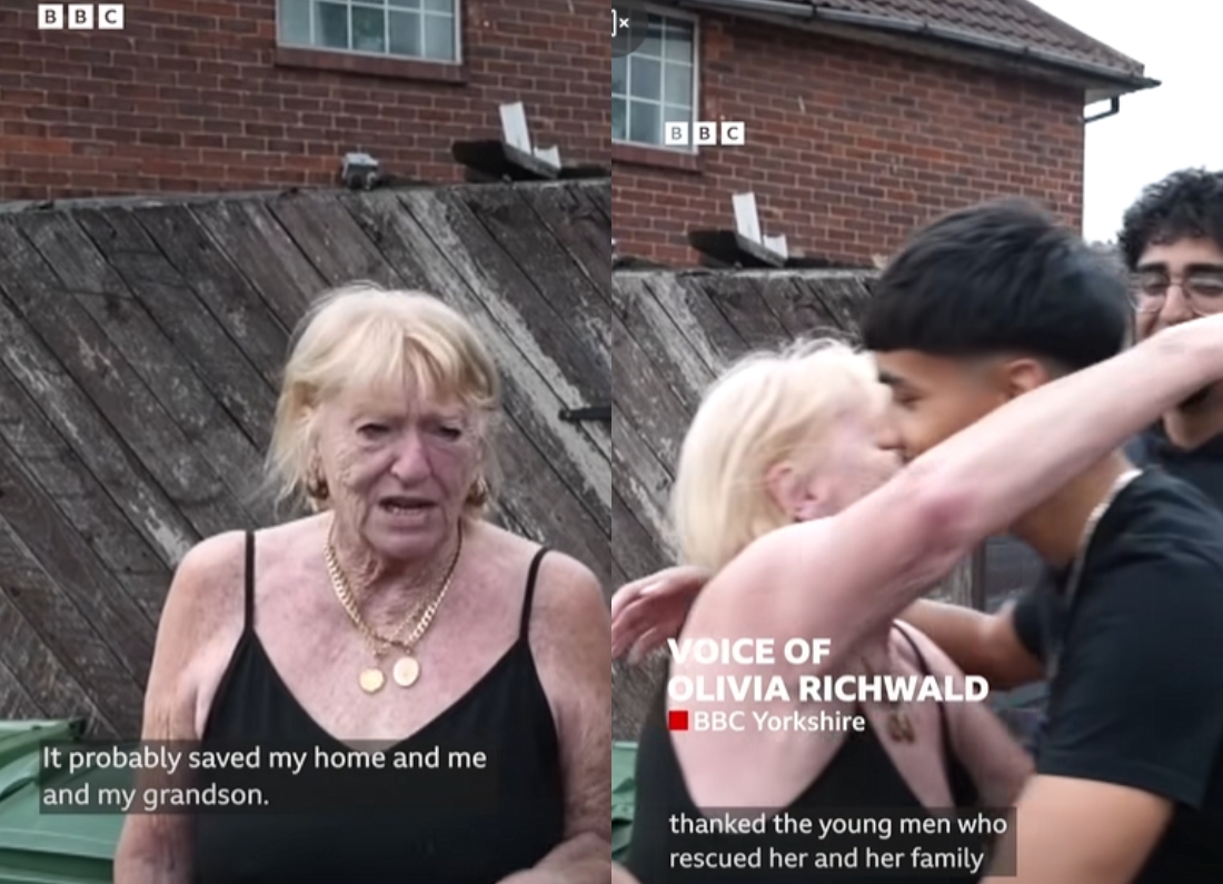 Sheila Robinson speaking to BBC Yorkshire after two young men rescued her family from a fire in Kirkstall, Leeds, alongside a still of her embracing one of the rescuers.