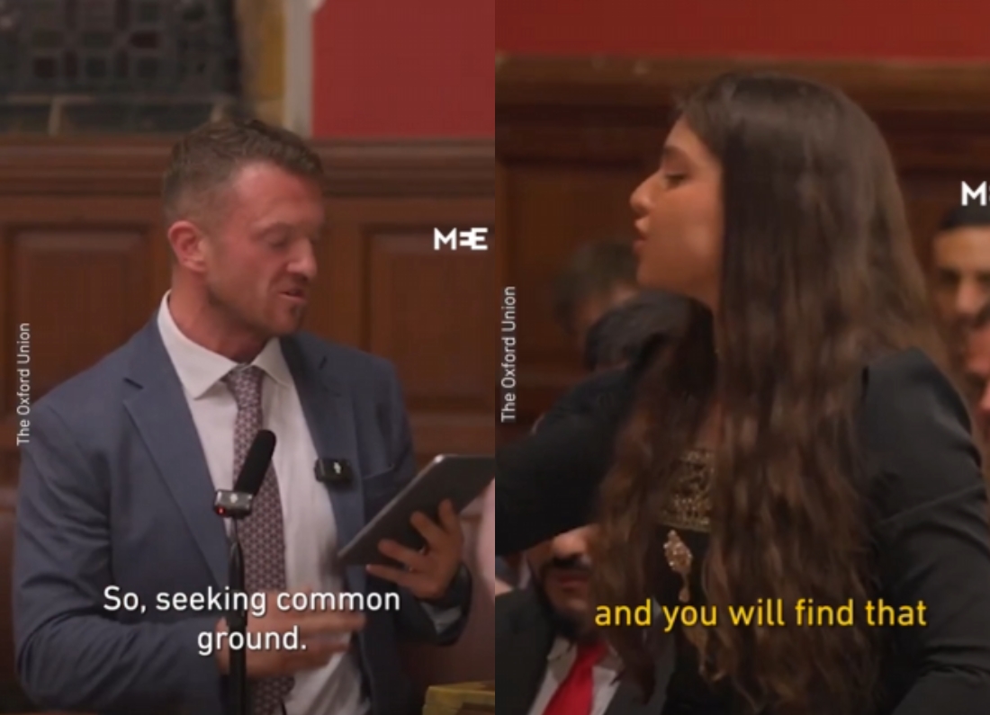 Tommy Robinson and Oxford Union president Arwa Elrayess speaking during a debate about Islam at the Oxford Union.