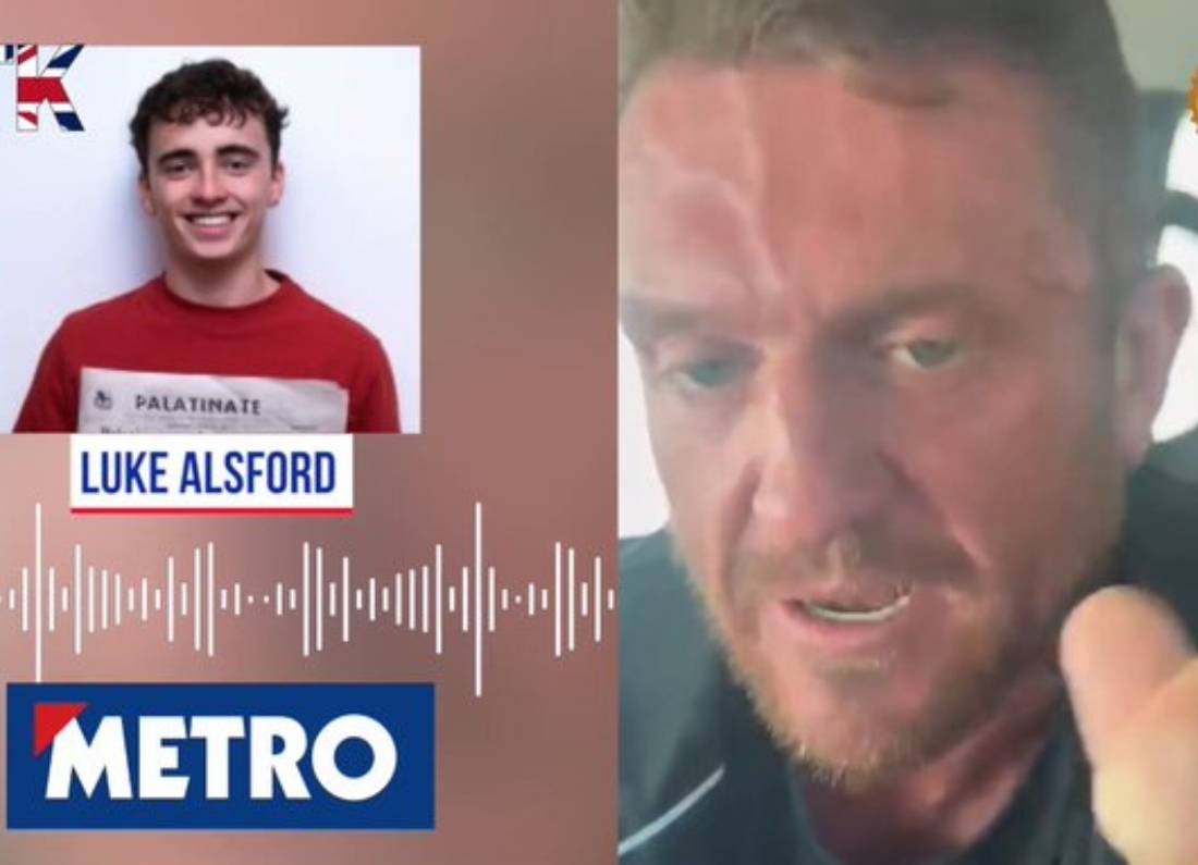 A split image showing Metro journalist Luke Alsford on the left and Tommy Robinson speaking angrily in a video call-style clip on the right.