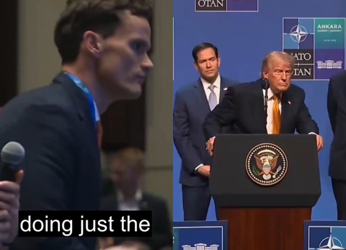 A reporter asks a question during a NATO summit press conference as Donald Trump stands at a podium with US officials behind him.