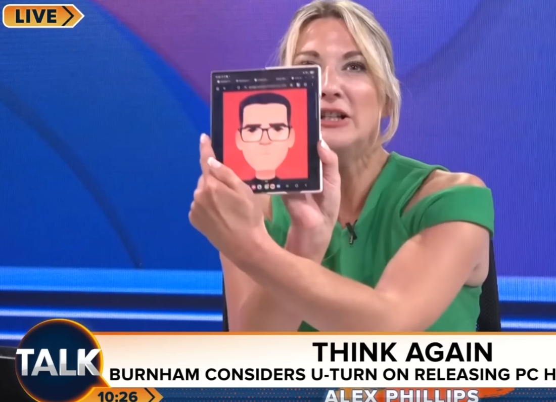 TalkTV presenter Alex Phillips criticises Andy Burnham’s Stanley Chow campaign portrait during an on-air discussion.