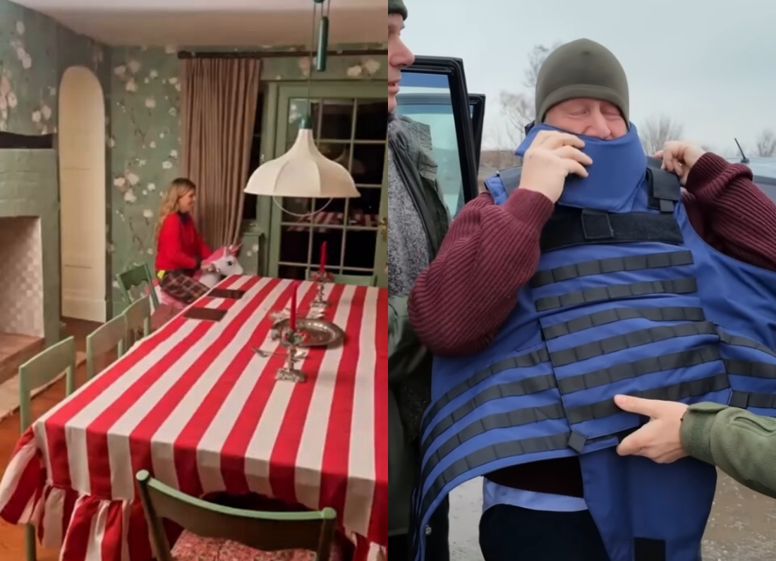 Carrie Johnson rides a toy pony at home beside a still of Boris Johnson putting on body armour in Ukraine.