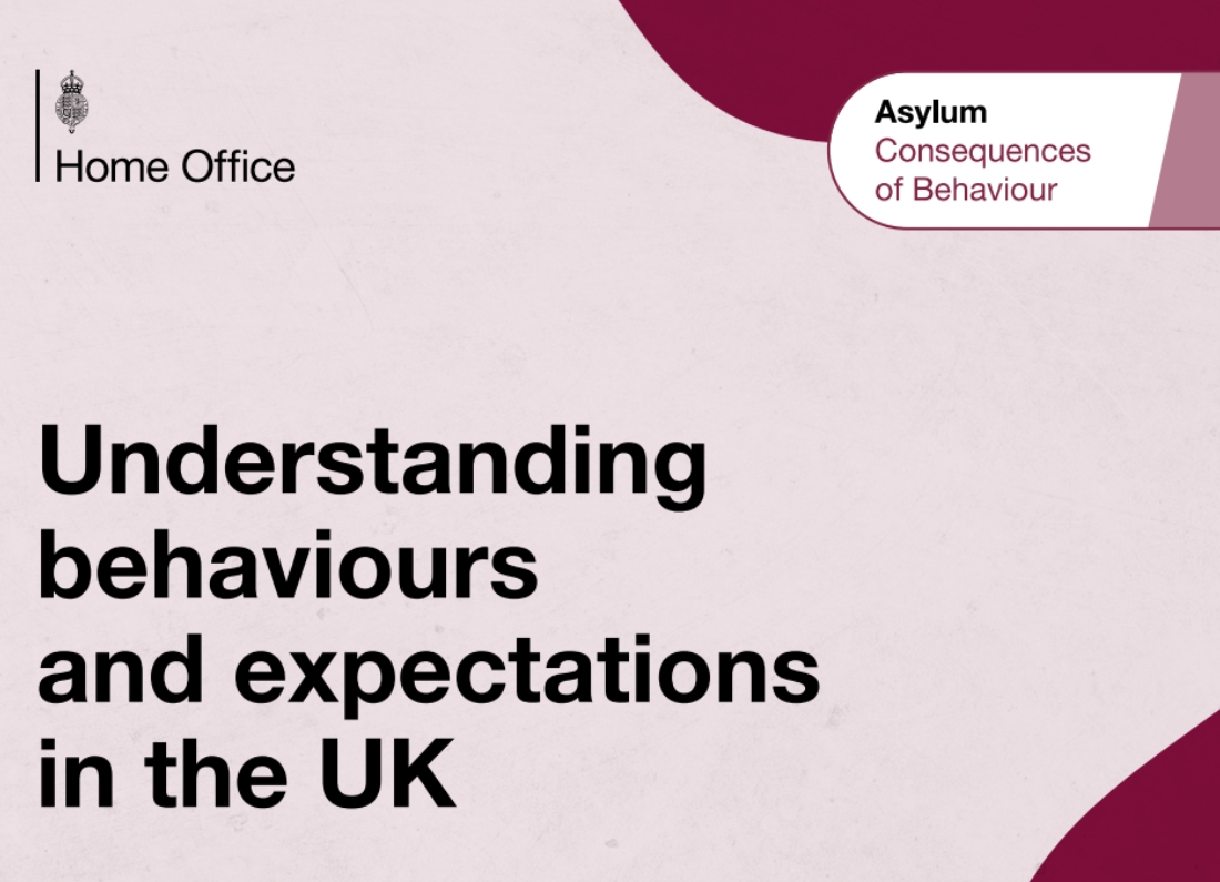 Home Office graphic titled “Understanding behaviours and expectations in the UK” from its Asylum Consequences of Behaviour guidance.