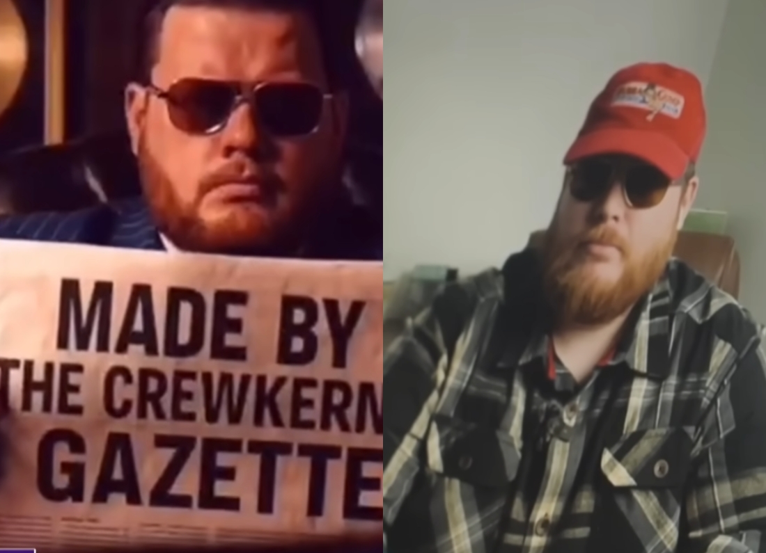 Joshua Bonehill-Paine, creator of the Crewkerne Gazette, shown in two social media videos.