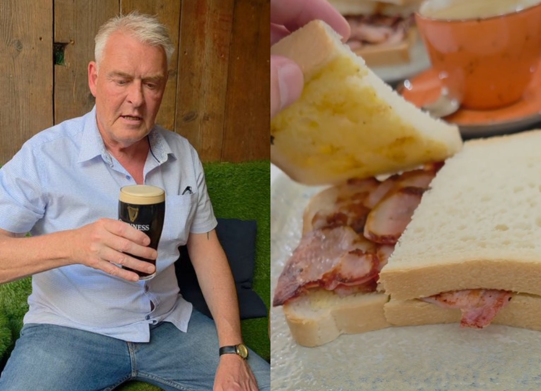 Reform UK MP Lee Anderson holding a pint of Guinness alongside a bacon sandwich and cup of tea.