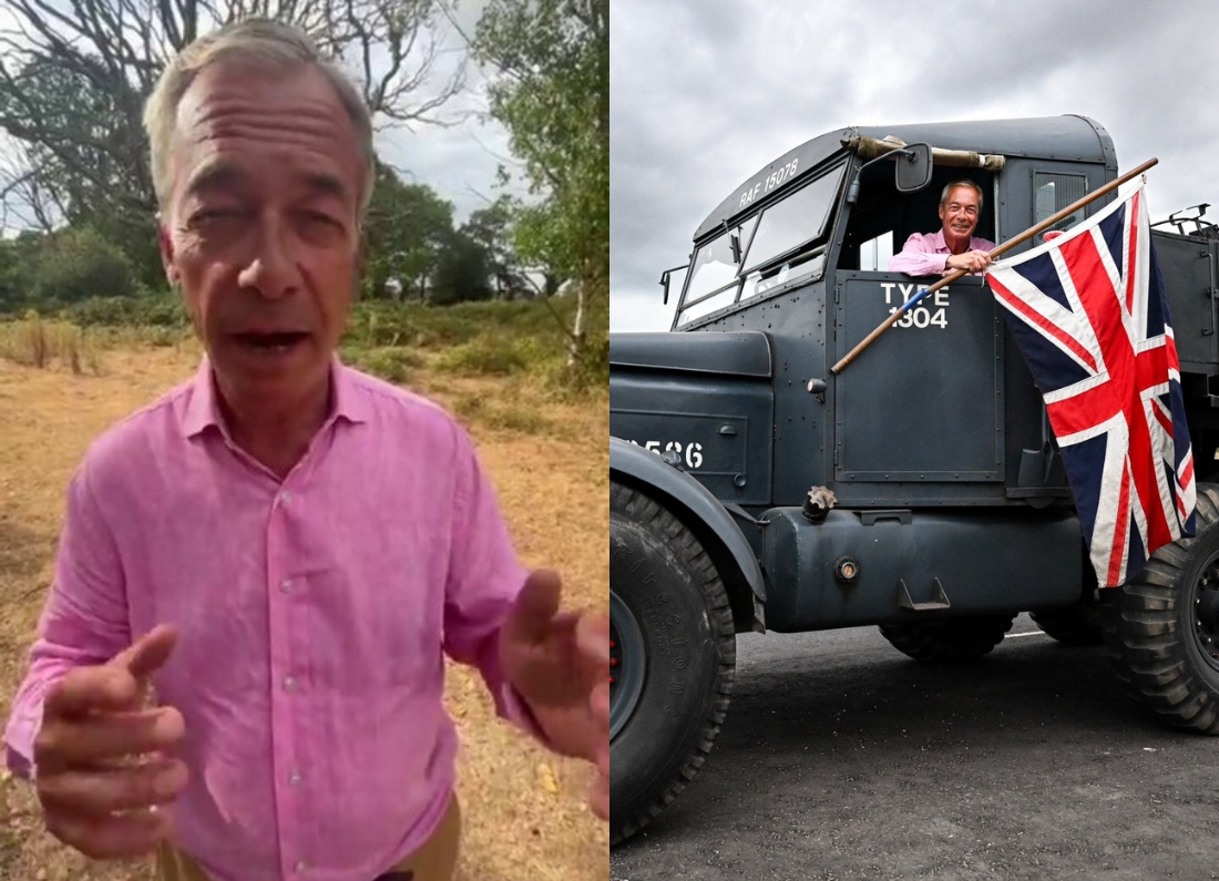 Nigel Farage appeals for Reform UK activists to help his Clacton campaign, alongside an image of him waving a Union Jack from a military vehicle.