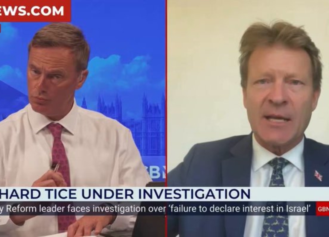 Martin Daubney gestures on GB News during a heated interview with Reform UK deputy leader Richard Tice about a parliamentary standards investigation.