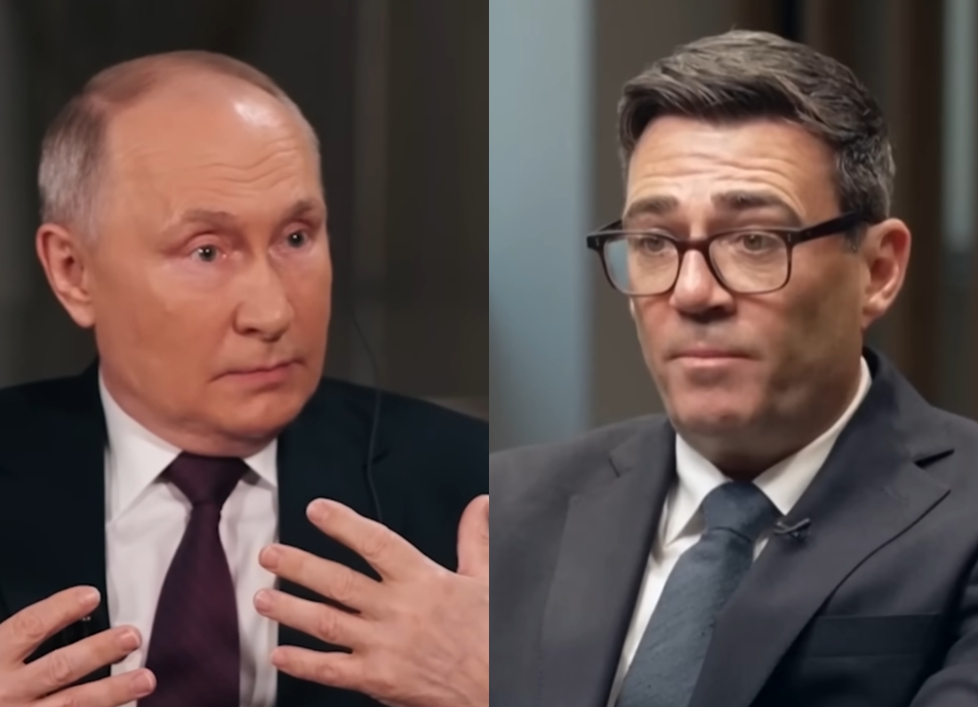 Andy Burnham and Russian President Vladimir Putin as tensions rise between Britain and Russia over UK support for Ukraine.