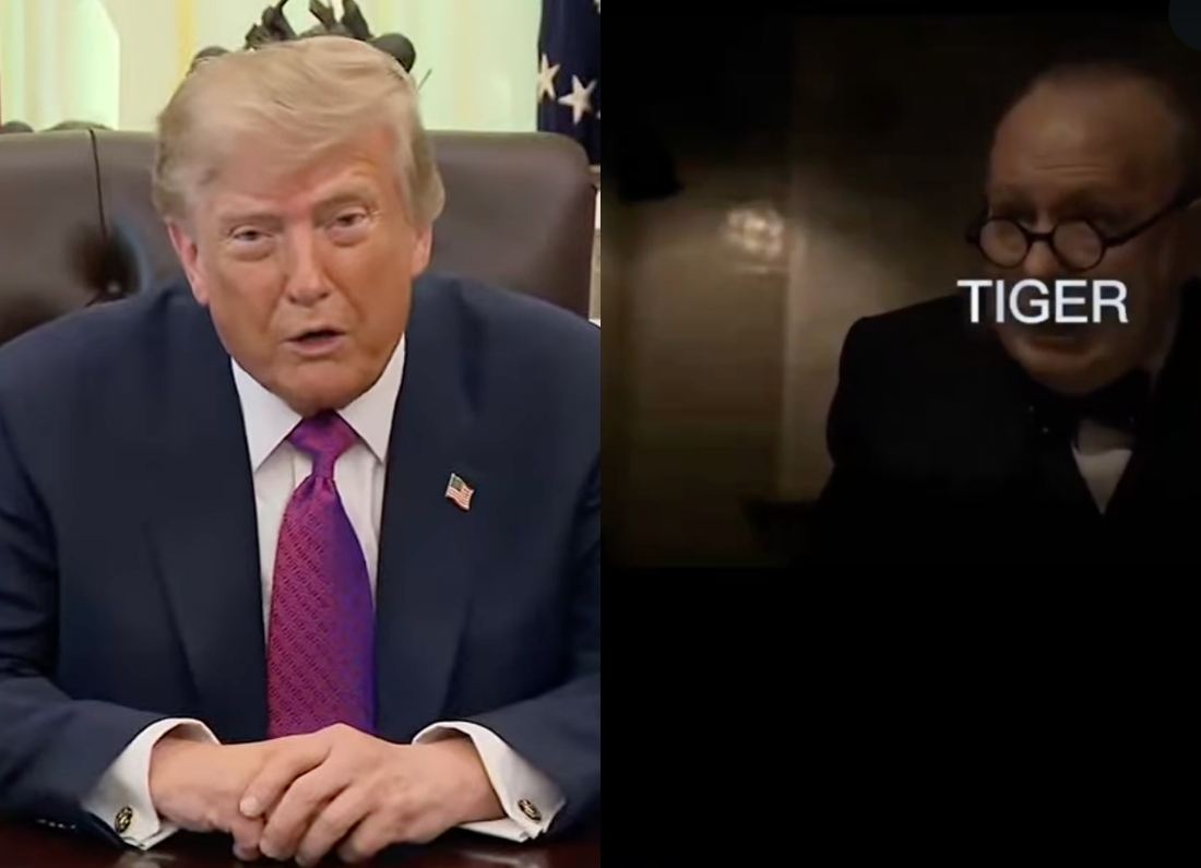 Gary Oldman as Winston Churchill in a deleted US Department of Education video that cut from a Darkest Hour scene to Donald Trump