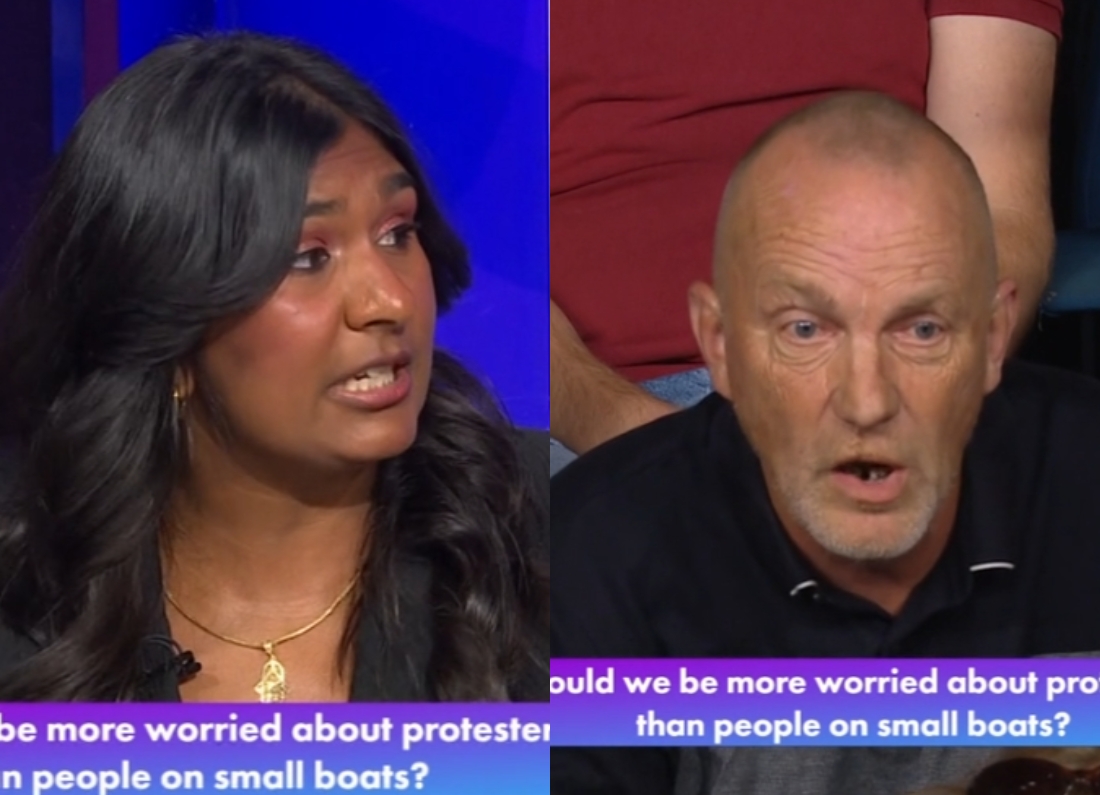 Ash Sarkar responding to an audience member during a BBC Question Time discussion about masked anti-migrant protesters