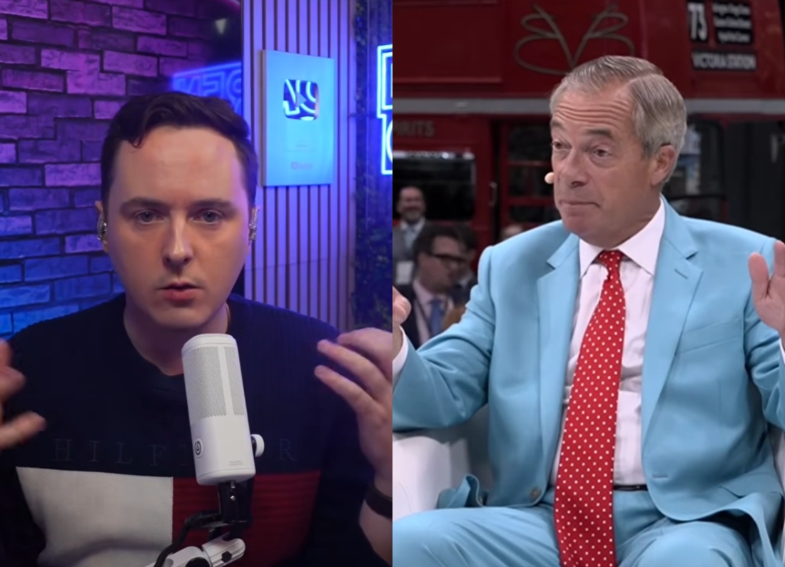 Darren Grimes speaking into a microphone alongside Reform UK leader Nigel Farage in a light blue suit