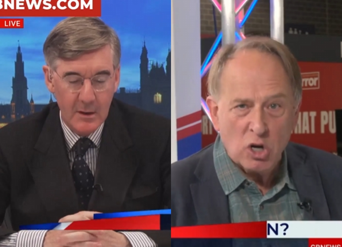 Michael Crick debating Jacob Rees-Mogg on GB News during a heated discussion about Andy Burnham and free-market capitalism.