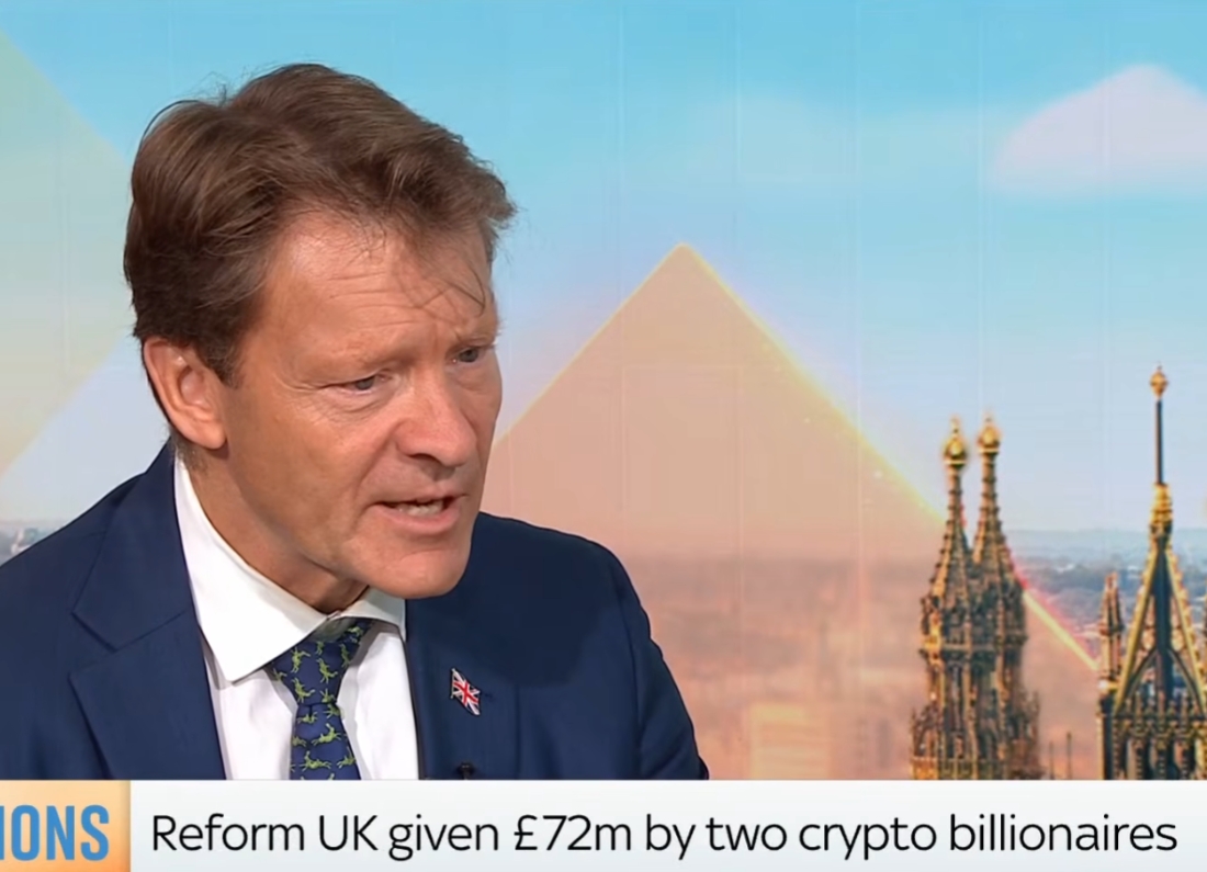Reform UK deputy leader Richard Tice speaking during an interview about the party’s two £36 million donations