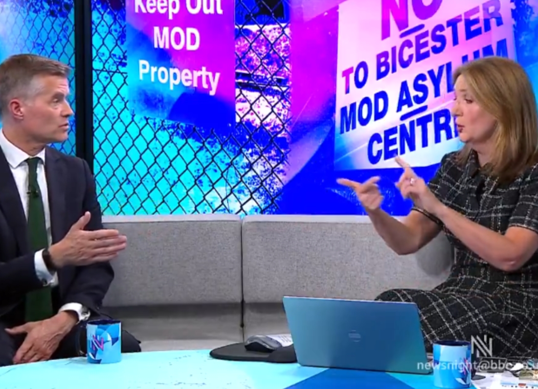 Victoria Derbyshire questioning Lord Mark Harper about Conservative asylum accommodation plans on BBC Newsnight