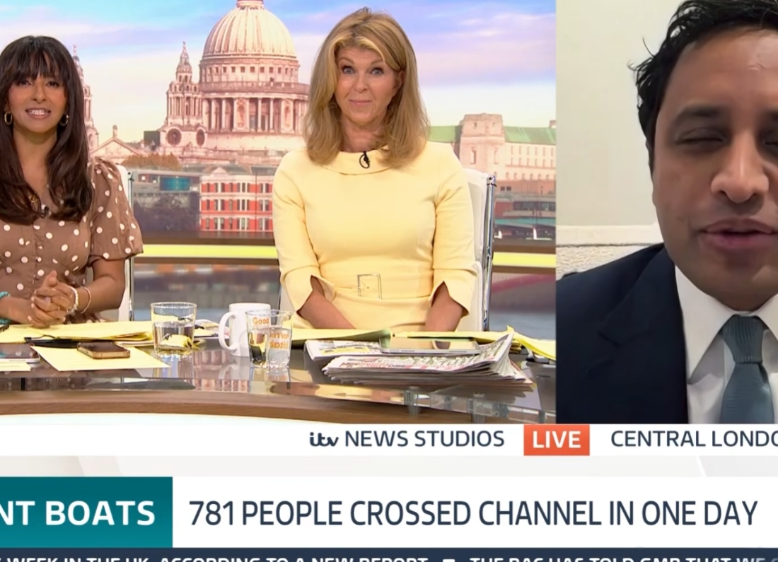 Zia Yusuf appearing remotely on Good Morning Britain as Ranvir Singh and Kate Garraway question him
