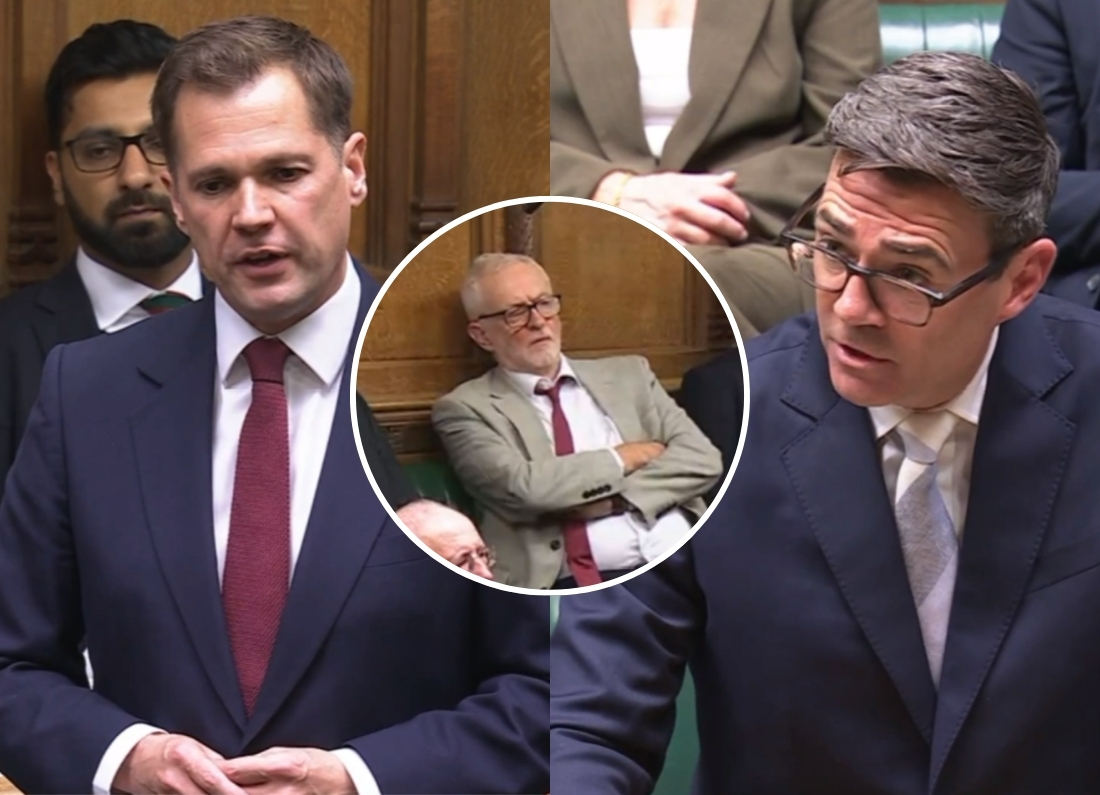 Andy Burnham responding to Robert Jenrick in the House of Commons as Jeremy Corbyn watches during a debate over small boat crossings.