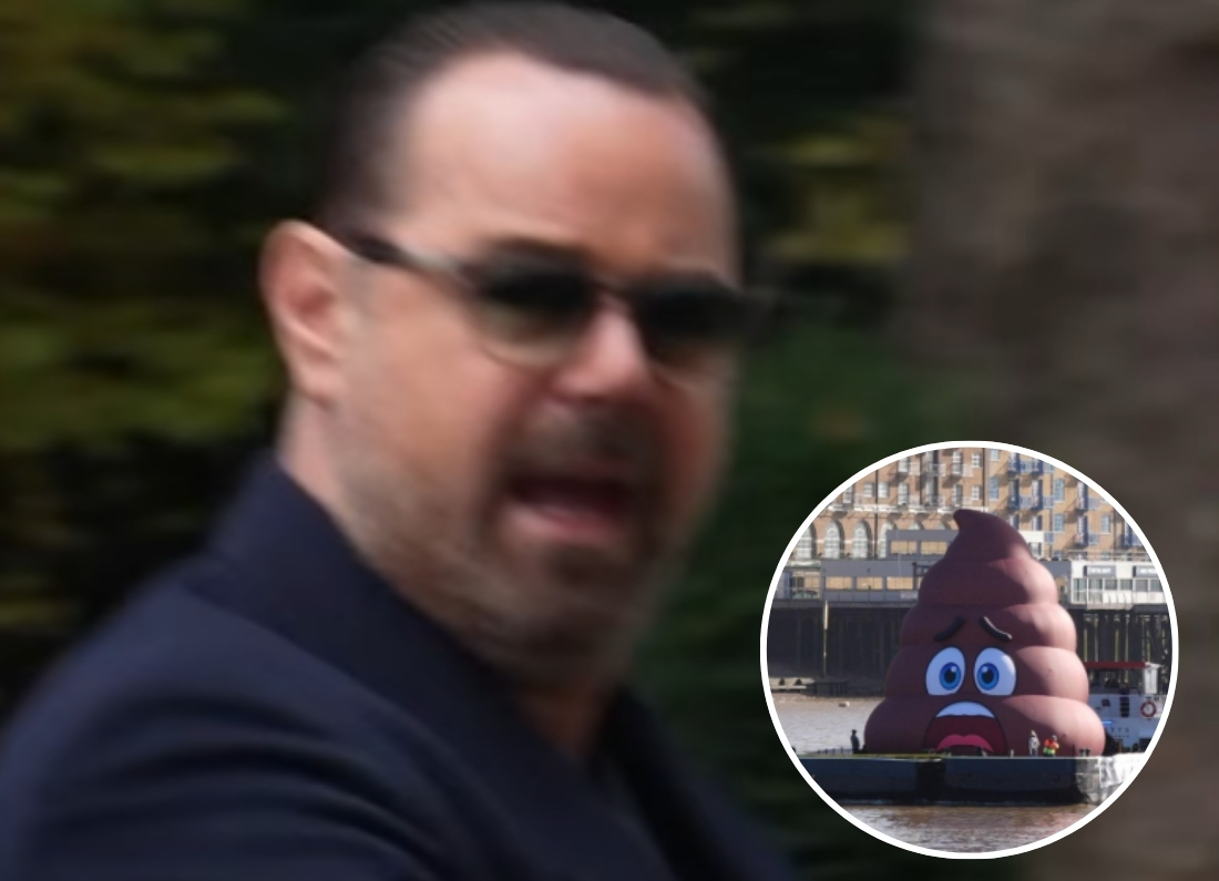 A giant poo sculpture floating along the River Thames as Danny Dyer campaigns for public ownership of England’s water companies.