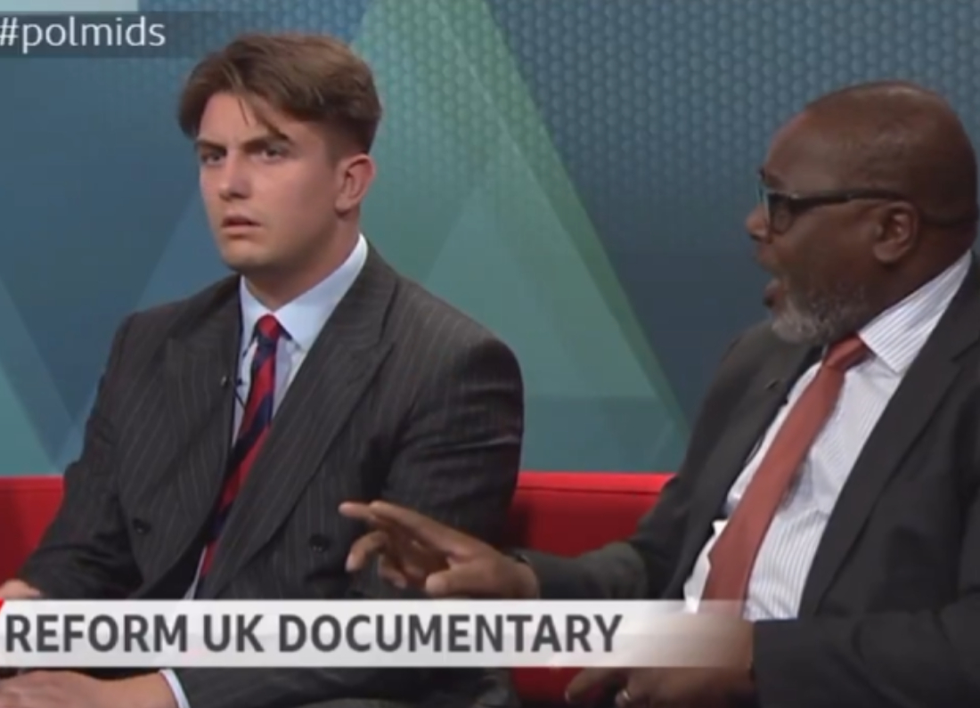 Reform UK councillor George Finch and Liberal Democrat councillor Ade Adeyemo during a BBC Politics Live debate about racism allegations.