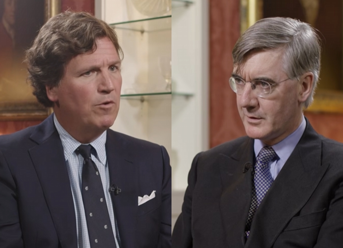 Jacob Rees-Mogg being interviewed by Tucker Carlson during a discussion about Russia, Ukraine and NATO.