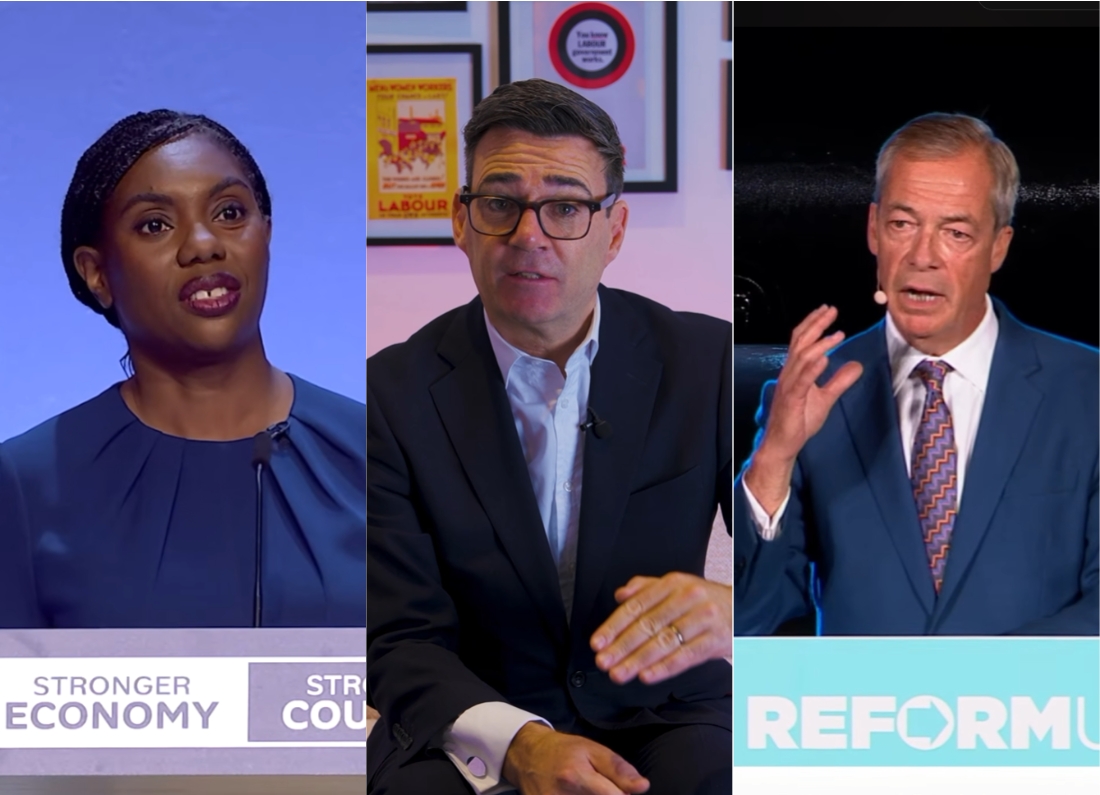 Kemi Badenoch, Andy Burnham and Nigel Farage pictured as fresh polling shows Labour ahead of Reform and the Conservatives gaining support.