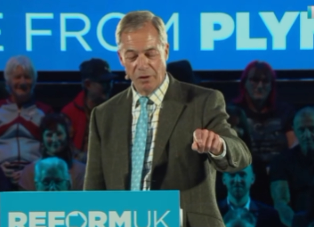 Nigel Farage addressing Reform UK supporters at a rally in Plymouth.