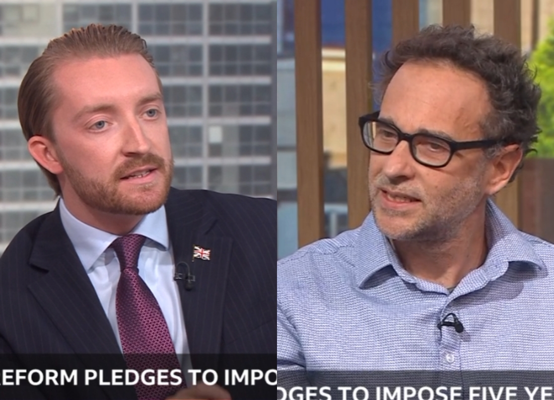 Journalist Rafael Behr speaking alongside Reform UK spokesman Jaymey McIvor during a BBC Politics Live debate about immigration and asylum policy.