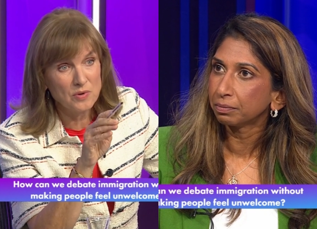 Suella Braverman and Fiona Bruce during BBC Question Time as the Reform MP complains about the political make-up of the audience.