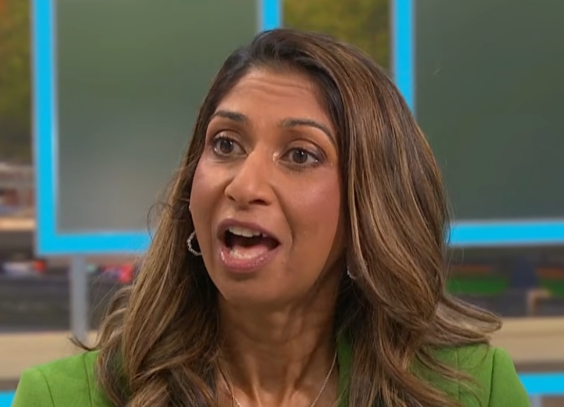 Suella Braverman speaking to Kate Garraway on Good Morning Britain during a discussion about migration and her family's history.
