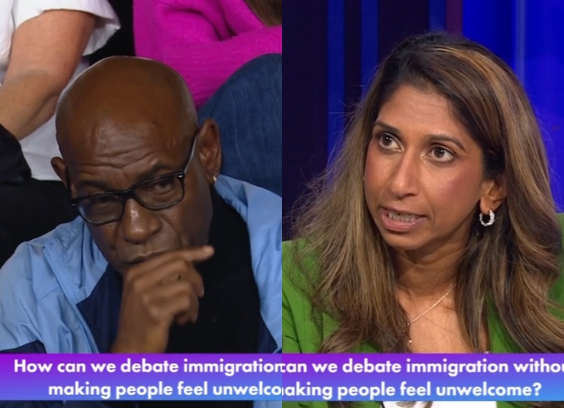 Suella Braverman appearing on BBC Question Time during a debate about English identity, ethnicity and immigration.