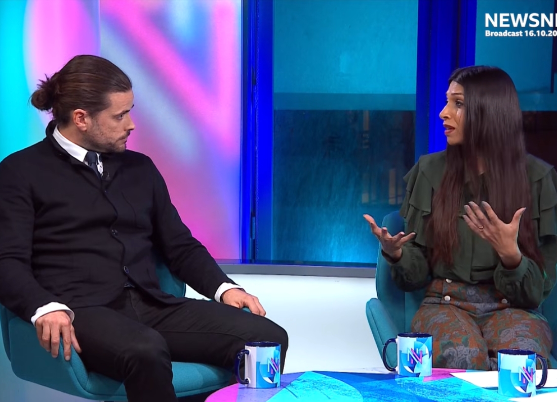 Winston Marshall and economist Faiza Shaheen appearing on BBC Newsnight during a debate about taxation, wealth and Brexit.